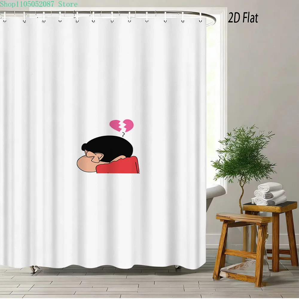 Crayon Shin-chan in Cardboard Box Scene 2D Print Waterproof Shower Curtain, Minimalist White with Cute Orange Label Bathroom Dec