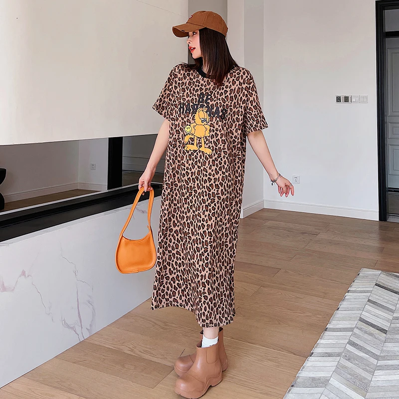 2023 Spring Summer Loose Plus Size Women's Dress Print Leopard Short Sleeve Lady Casual T-Shirts Female Robe Vestidos KE3284