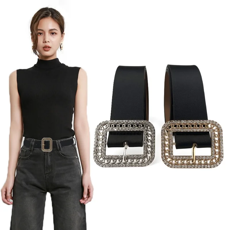 

Women's Rhinestone Belt Gold and Silver Thin Buckle with Diamond Cutout Fashion Luxury Belt Jeans Accessories Retro Gothic Style