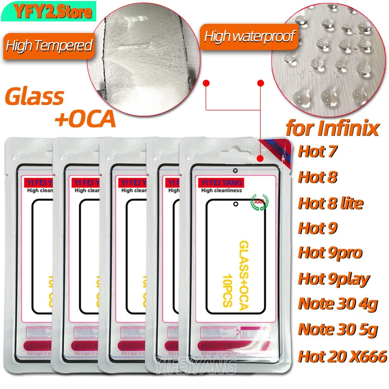 10Pcs Glass +OCA AAA LCD Front Screen Outer Lens With OCA Film For Infinix Tecno Hot 6 6X Hot7 Hot8 Hot 9 Play Note 30 4g 5g Hot