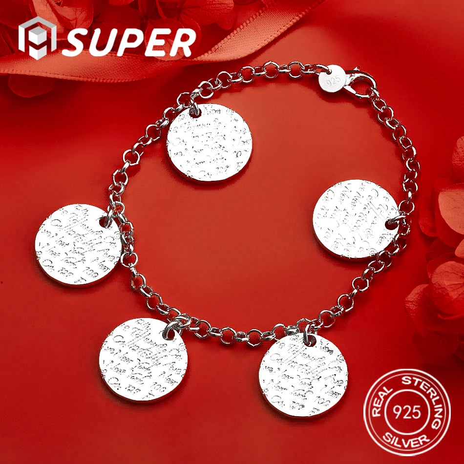

ALISuper 925 Sterling Silver 8 Inch Exquisite Round Pendant Bracelet Women Gift Fashion Engagement Jewelry Wedding Jewelry