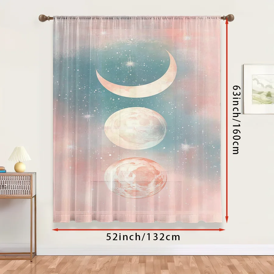 1PC Sheer Curtain Moon Phase Starry Sky Pink Blue Print, Rod Pocket Window Curtain for Living Room Boho Home Decor