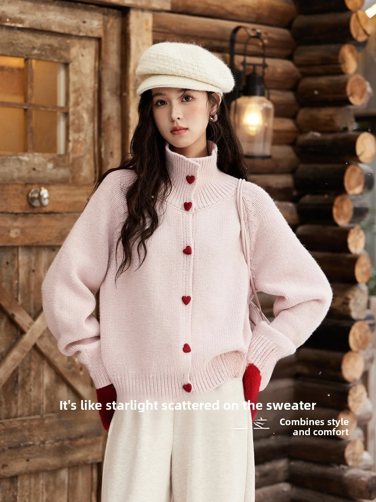 미쇼 컬러 블록 하트 버클 스웨터 코트 여성용 루즈 두꺼운 니트 오픈 가디건 탑 패셔너블 가을 겨울