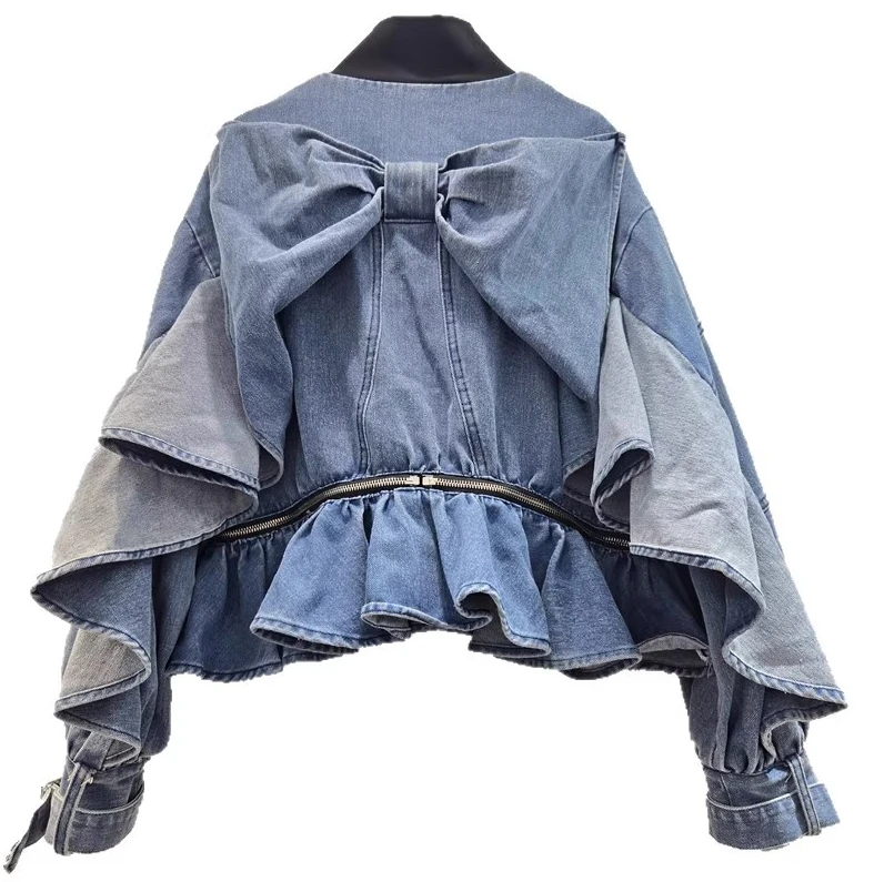 Spring Autumn Fashion Lolita Denim Coat Sweet and Cool Three-dimensional Bow Splicing Ruffle Edge Zipper Loose Versatile Jacket