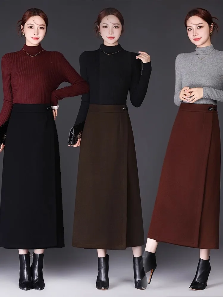 High Waist Slimming Woolen  Midi Skirt Women's Spring Autumn 2025 New Style  Long Skirt Business Casual Pure Color