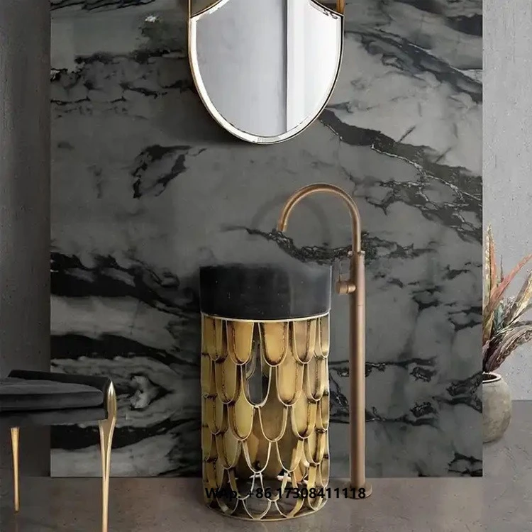 Luxury Gold Stainless Steel Freestanding Sink Custom Fish Scale Sink Villa Hotel Marble Hand Wash Basin Bathroom Furniture
