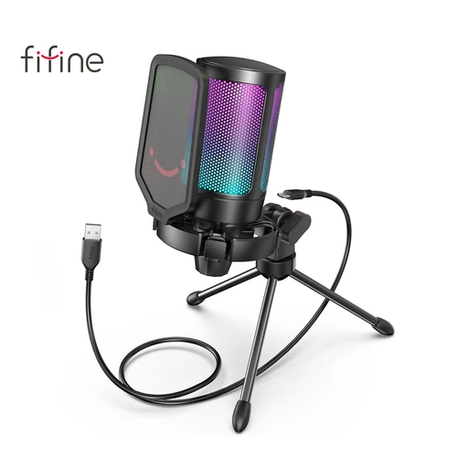 FIFINE Micrófono de condensador USB para juegos, para PC PS4 PS5 MAC con soporte de choque y filtro pop y control de ganancia para podcasts, Ampligame A6V
