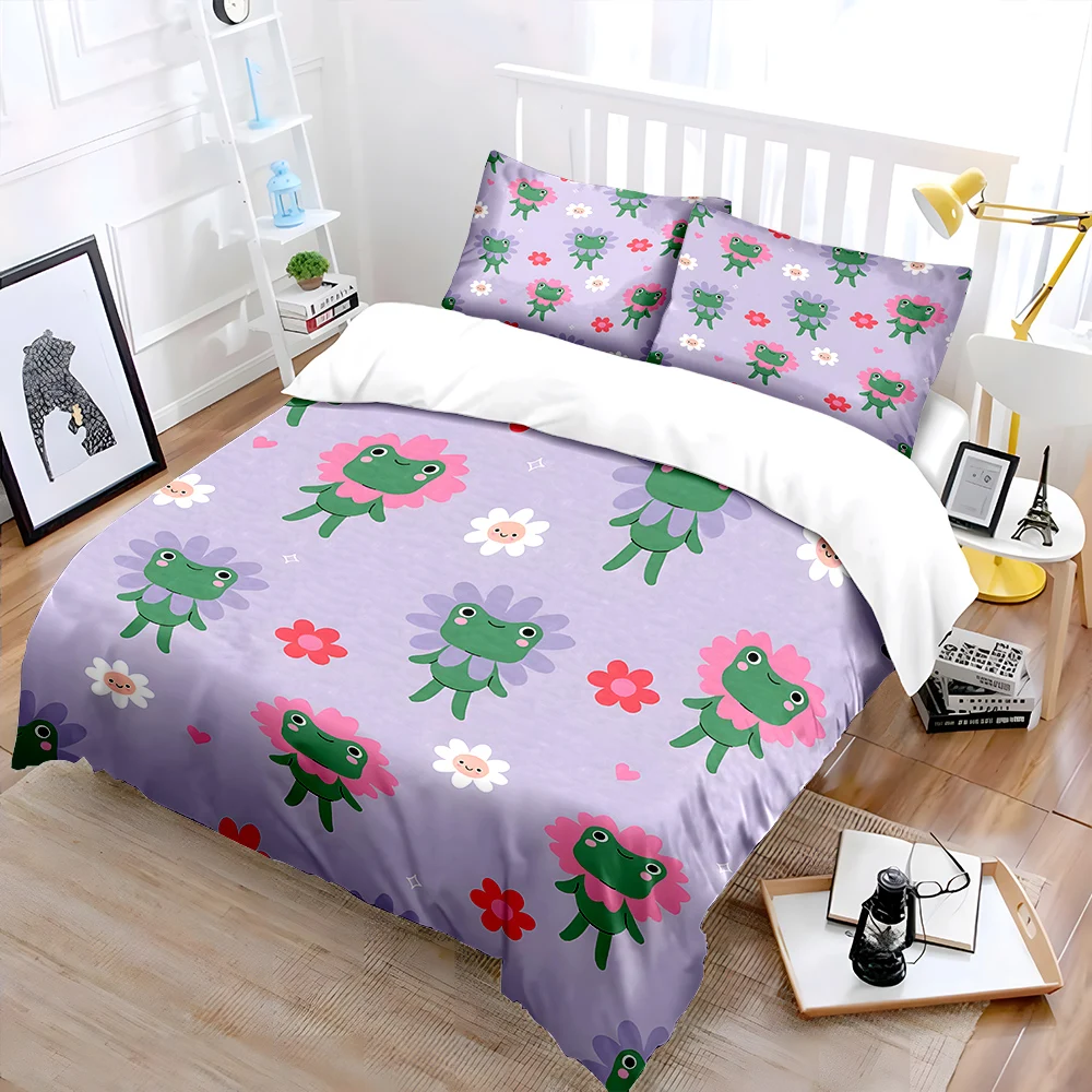 3pcs Green frogs and flower pattern Bedding Set 1 Duvet Cover 2 Pillowcases for Adult and Children Luxury Gift Full Size