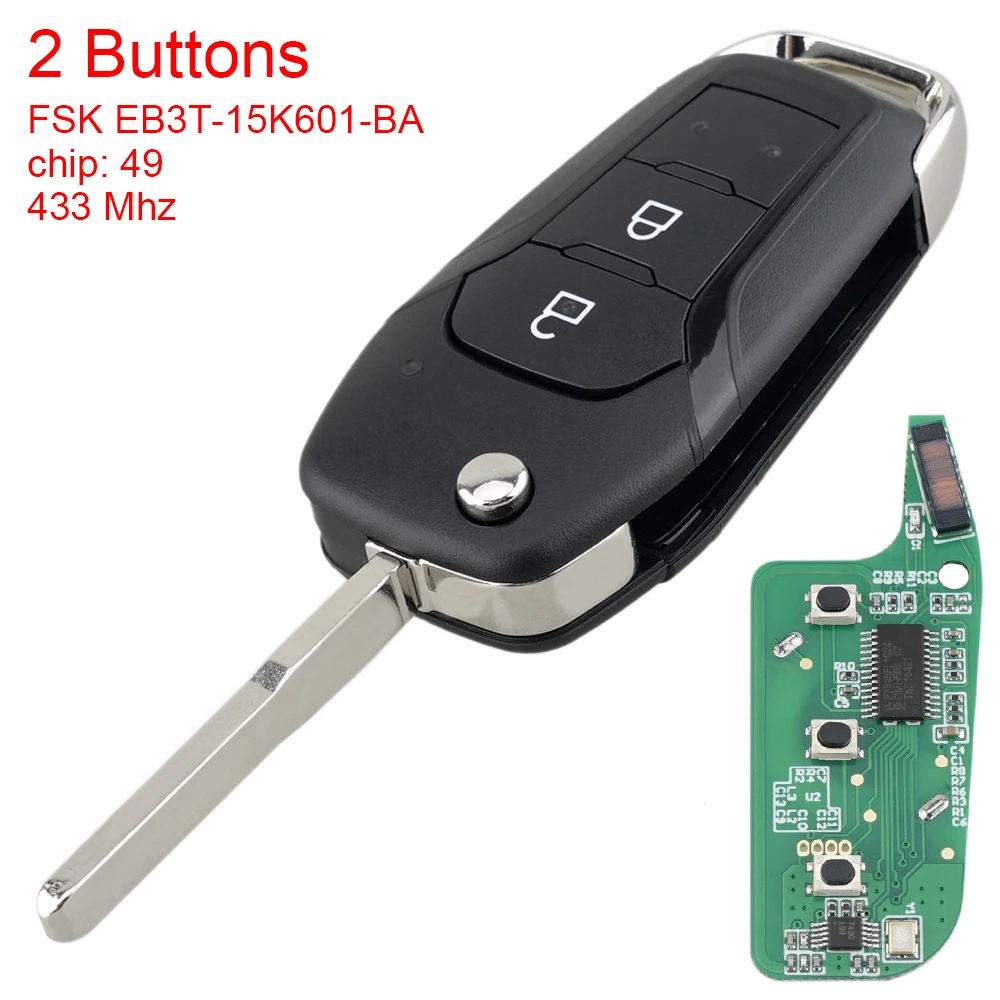 

433MHz EB3T-15K601-BA 2 Buttons Flip Smart Car Remote Key Fit for Ford Ranger F150 2015 2016 2017 2018 with ID49 PCF7945P Chip