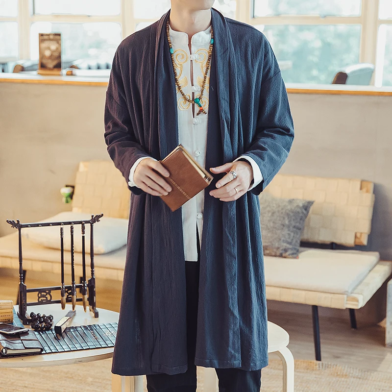 Chinese Classic Style Men's Cloak Mid-length Ancient Costume Hanfu Large Size Casual Imitation Linen Cardigan