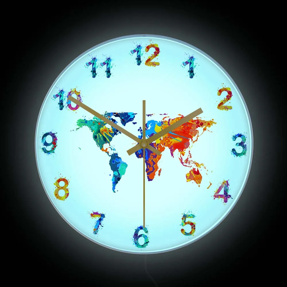 World Map Watercolor Art LED Backlit Wall Clock Night Light Home Decor Geography Minimalist Decor Silent Wall Watch For Bedroom