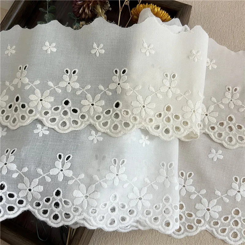 5Y-15 Yardas/Lote de Tela de Algodón Calada con Flores Bordadas, Adorno de Encaje DIY de 11CM de Ancho para Cortinas, Ropa y Vestidos
