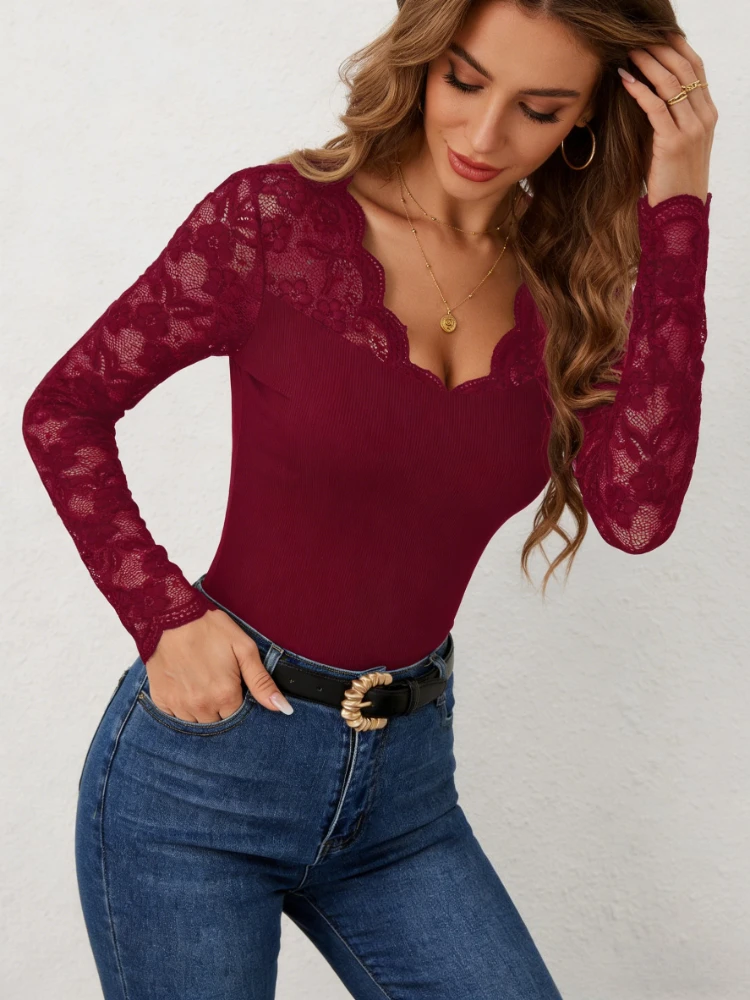 Moda primavera e verão nova em forma de leque com decote em v camisa de manga comprida feminina retro renda oco cor sólida magro-ajuste blusa casual
