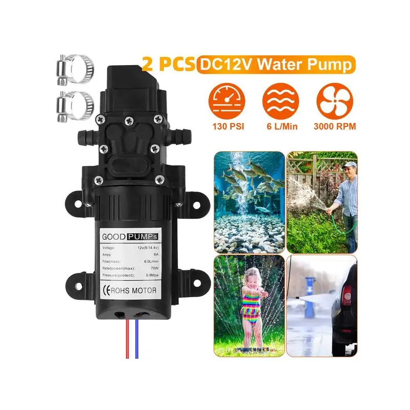 

2 PCS 12V Water Pump with Hose Clamps 130 PSI Self Priming Sprayer Pump 70W Electric Diaphragm Water Pump 6 L/min for RV Camper