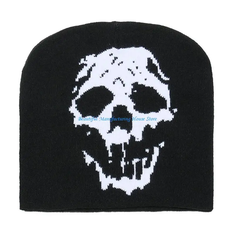 E56A Skull Pattern Knitted Hat Warm Comfortable Hat Elastic Unisex Black Fashion Hat for Men and Women