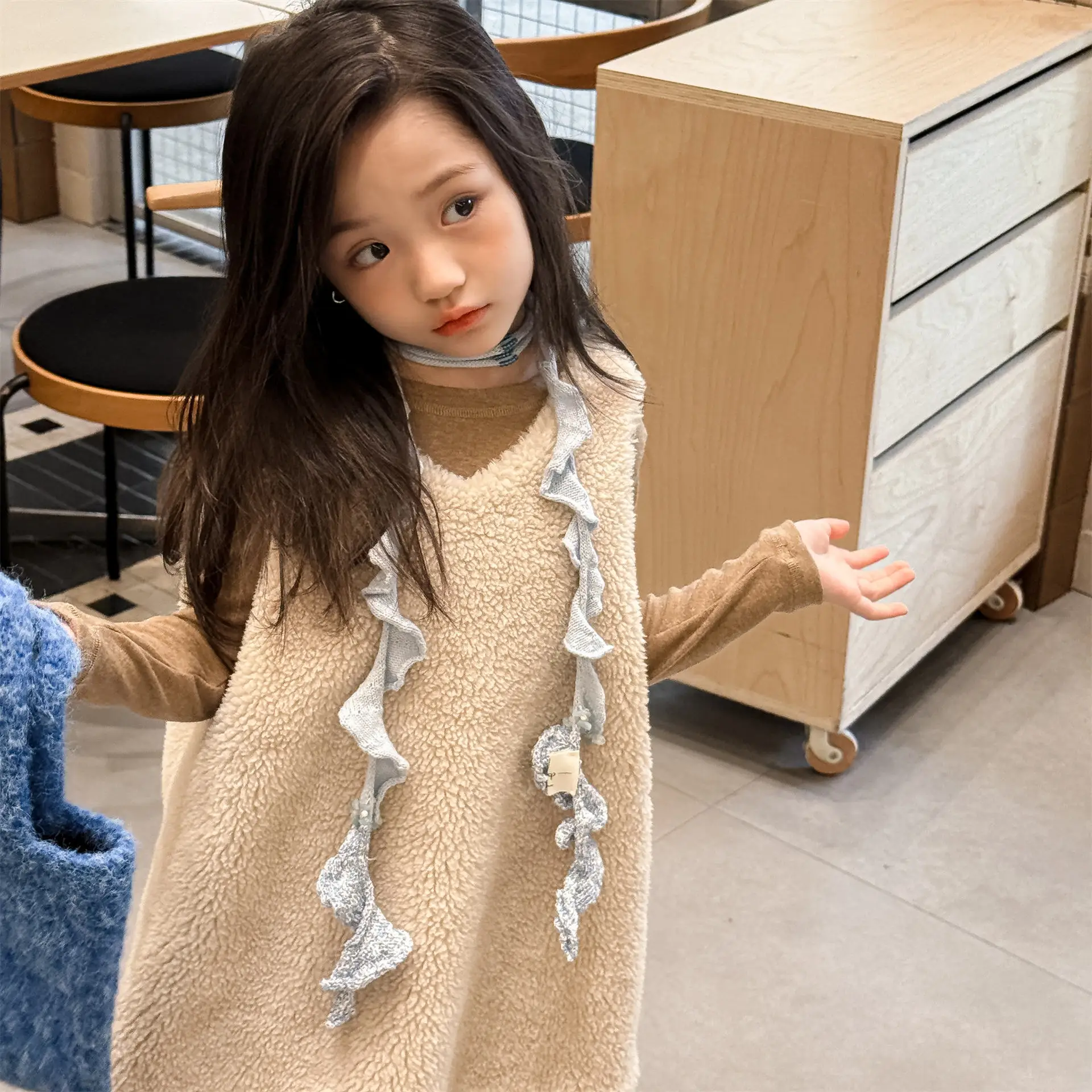 Winter Kids Girls V-collar Dress Woolen Sleeveless Dresses For Infant Babys Girls Fleece Warm Toddler Little Girls Basic Shirts