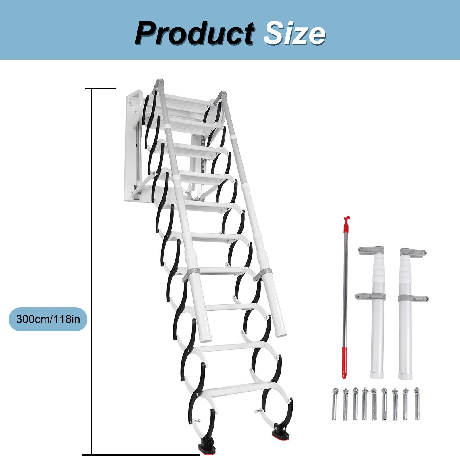 10/12 Steps 2.55-3.0M Wall-Mounted Folding Stairs with Handrails Telescopic Attic Ladder Retractable Loft Ladder for Home Indoor