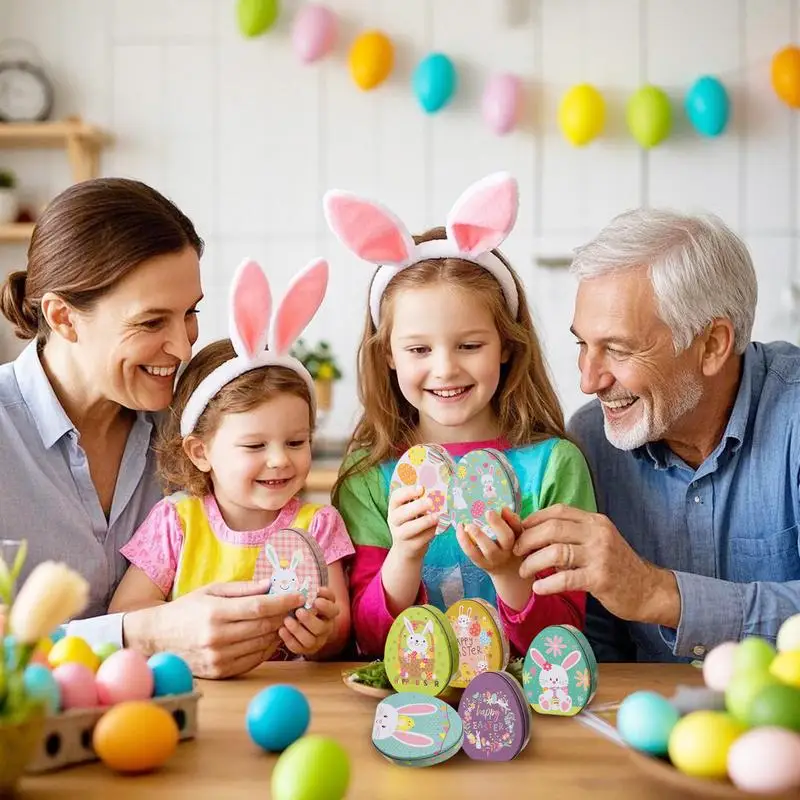 Juego de 8 botes de dulces de Pascua, caja de almacenamiento de aperitivos en forma de huevo con tapa, decoración de fiesta de Pascua, centros de mesa decorativos, comida