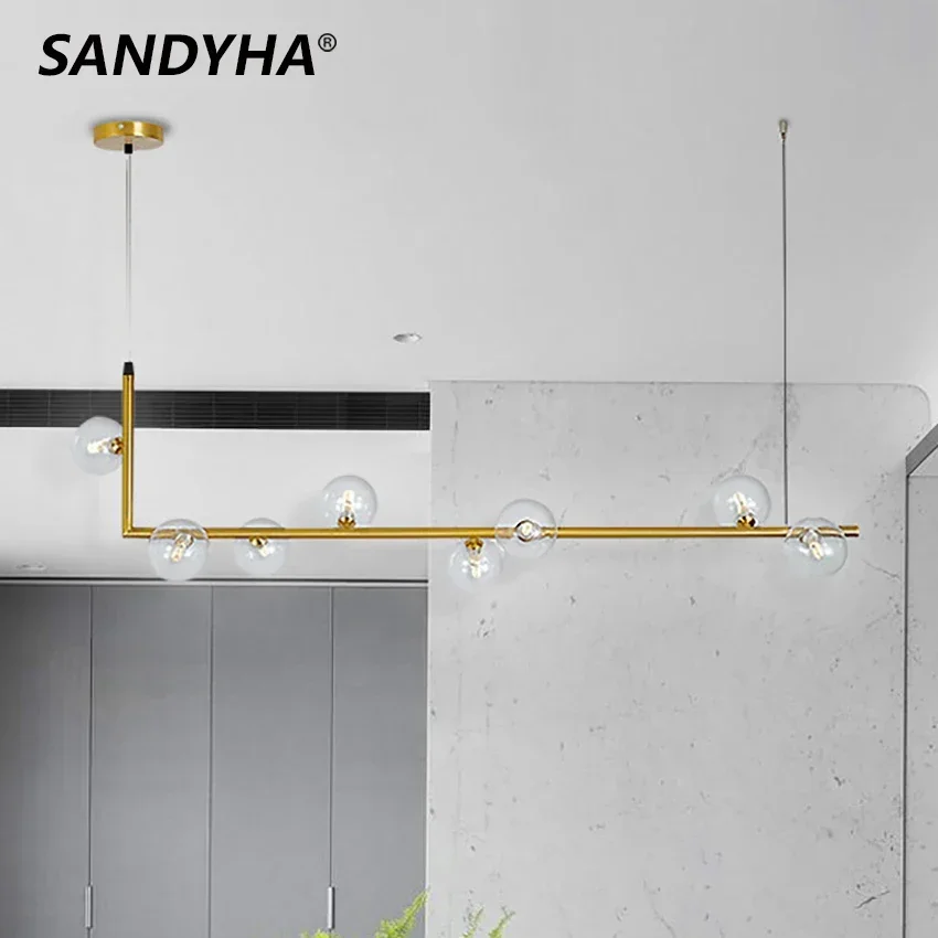 

SANDYHA Nordic Glass Ball Pendant Light Gold Black Bubble Hanging Lamp G9 LED Chandelier Dining Living Room Kitchen Study