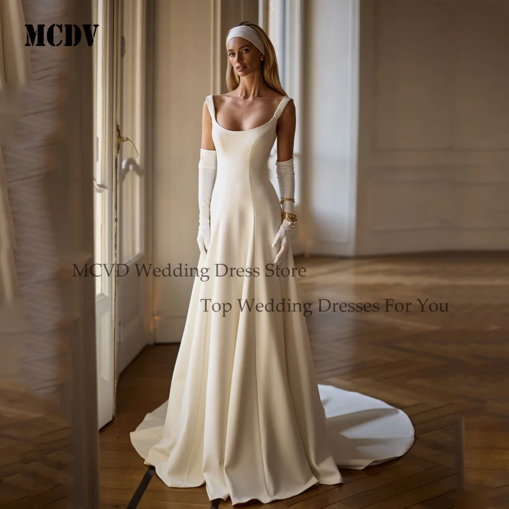 

MCDV Elegant Wedding Dresses Scoop Neck A-Line Button Back Sleeveless Satin Princess Spaghetti Straps Robe De Mariée Customized