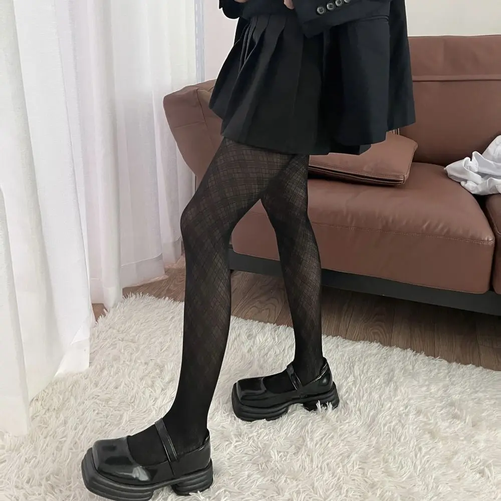 Fashion Leggings Plaid Pantyhose Black Korean Style Rhombus Lattice Stockings Solid Color Harajuku Mesh Stockings Women