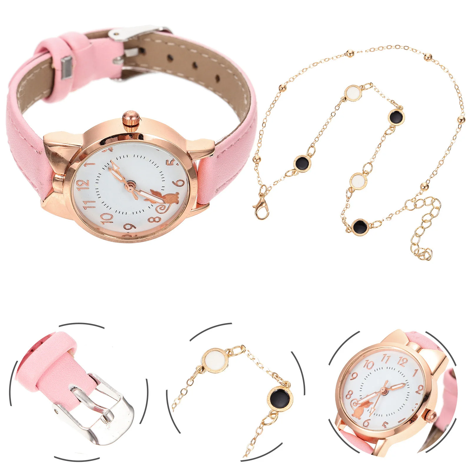 

Набор часов, розовый браслет, часы для женщин, часы с ремнем, женские кварцевые наручные часы с рисунком кота, подарок