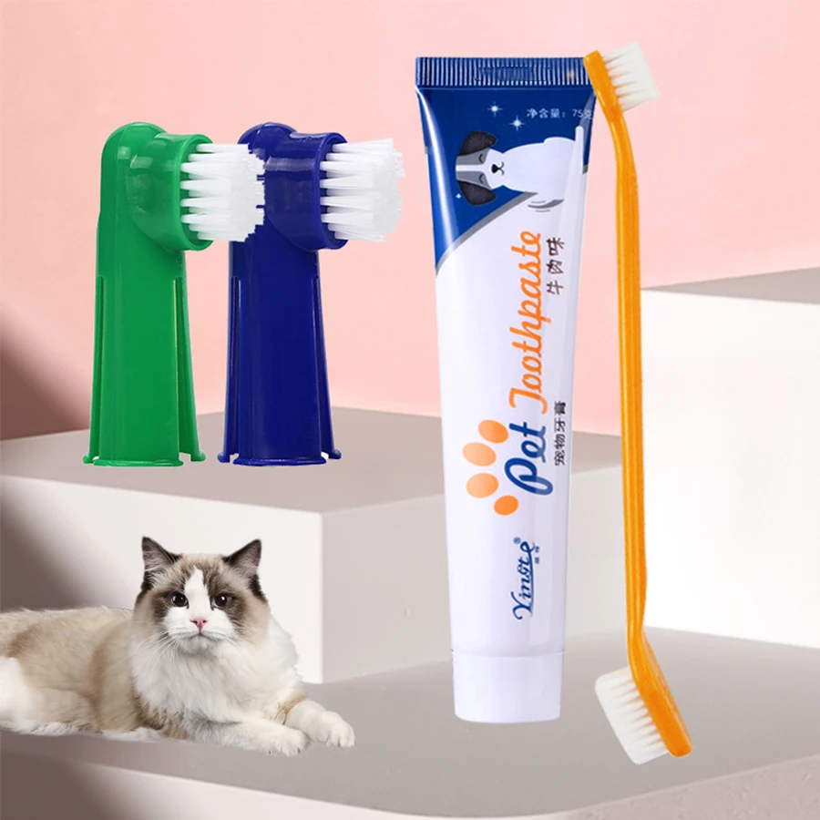 Juego de cuatro piezas de cepillo de dientes para mascotas, juego de cepillos de dientes para perros, suministros de limpieza para mascotas, pasta de dientes para mascotas