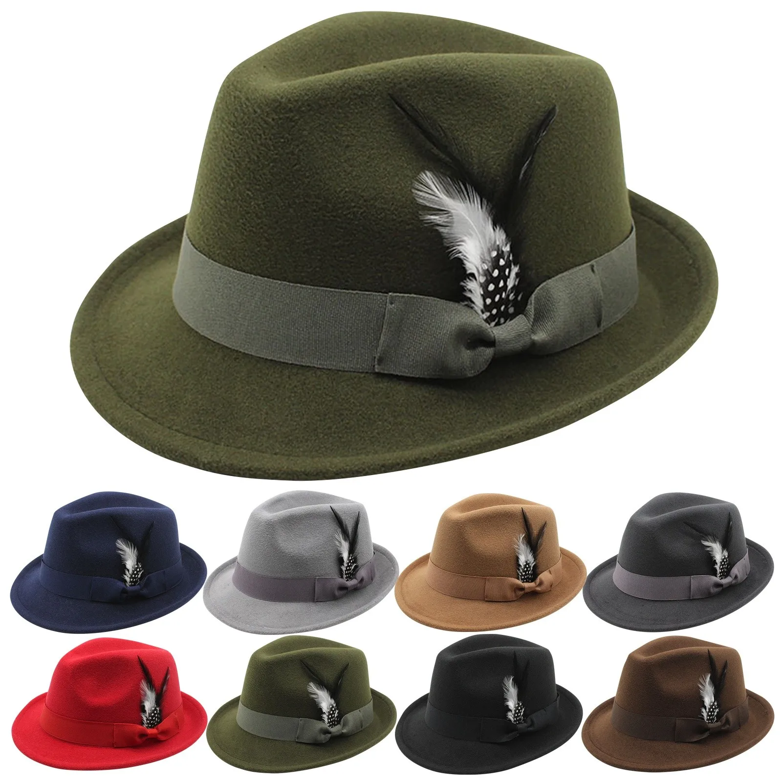 Sombrero Fedora de fieltro de ala curva Vintage para hombres, gorra de hamburguesa para caballero, sombrero de Jazz Trilby con plumas, sombreros de pastel de cerdo para Iglesia