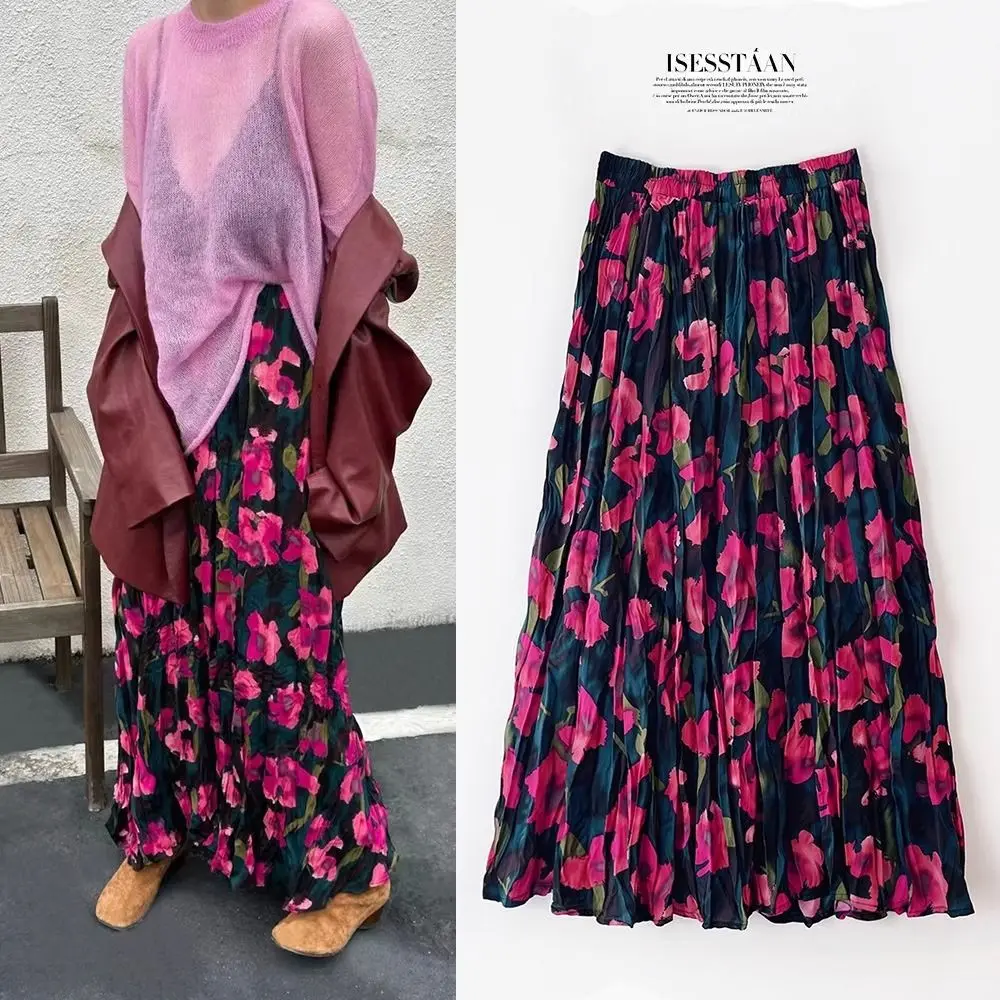 Spring and Autumn Leisure Commuting Loose Folded Large Pendant Printed Retro Floral Matching Sweater Coat Bottom Skirt