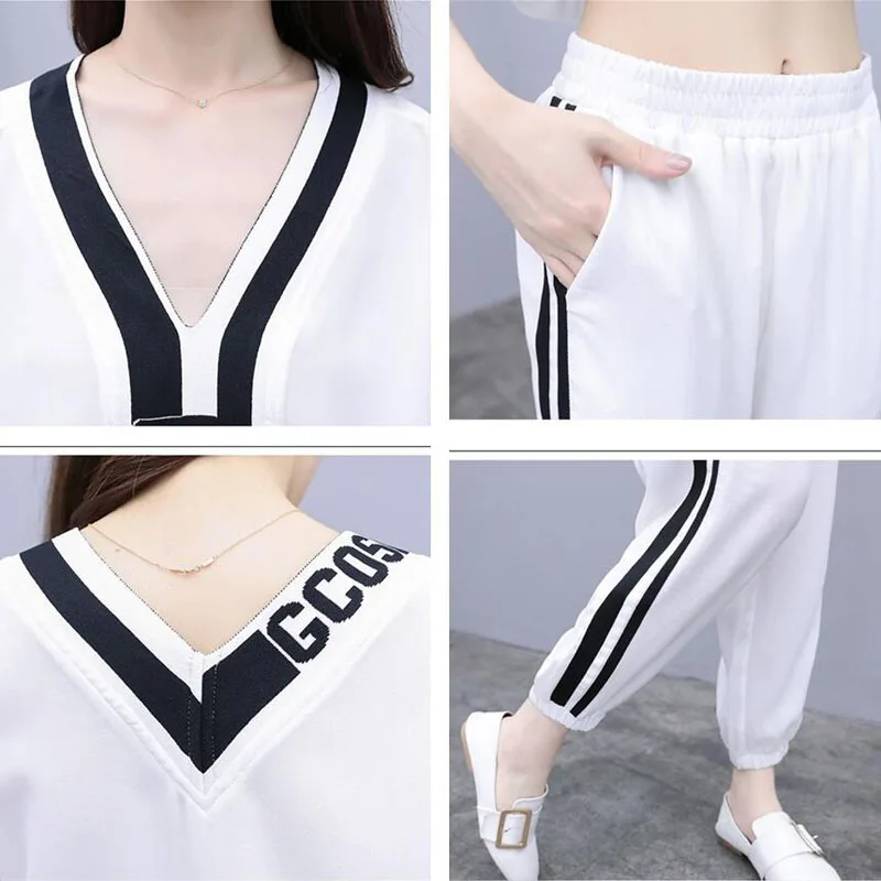 2022 New Summer V-Neck T-Shirt Casual Elastic Waist Sports Pant Suit Female Loose Size 3XL Fashion Two-Piece Sets White