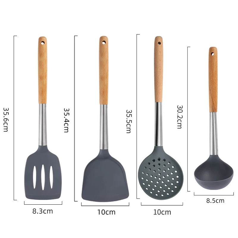 1pc Non-Stick Silicone Kitchen Utensil Wood Slotted Spatula Skimmer Spoon Soup Ladle Cooking Shovel Kitchen Gadgets Accessories