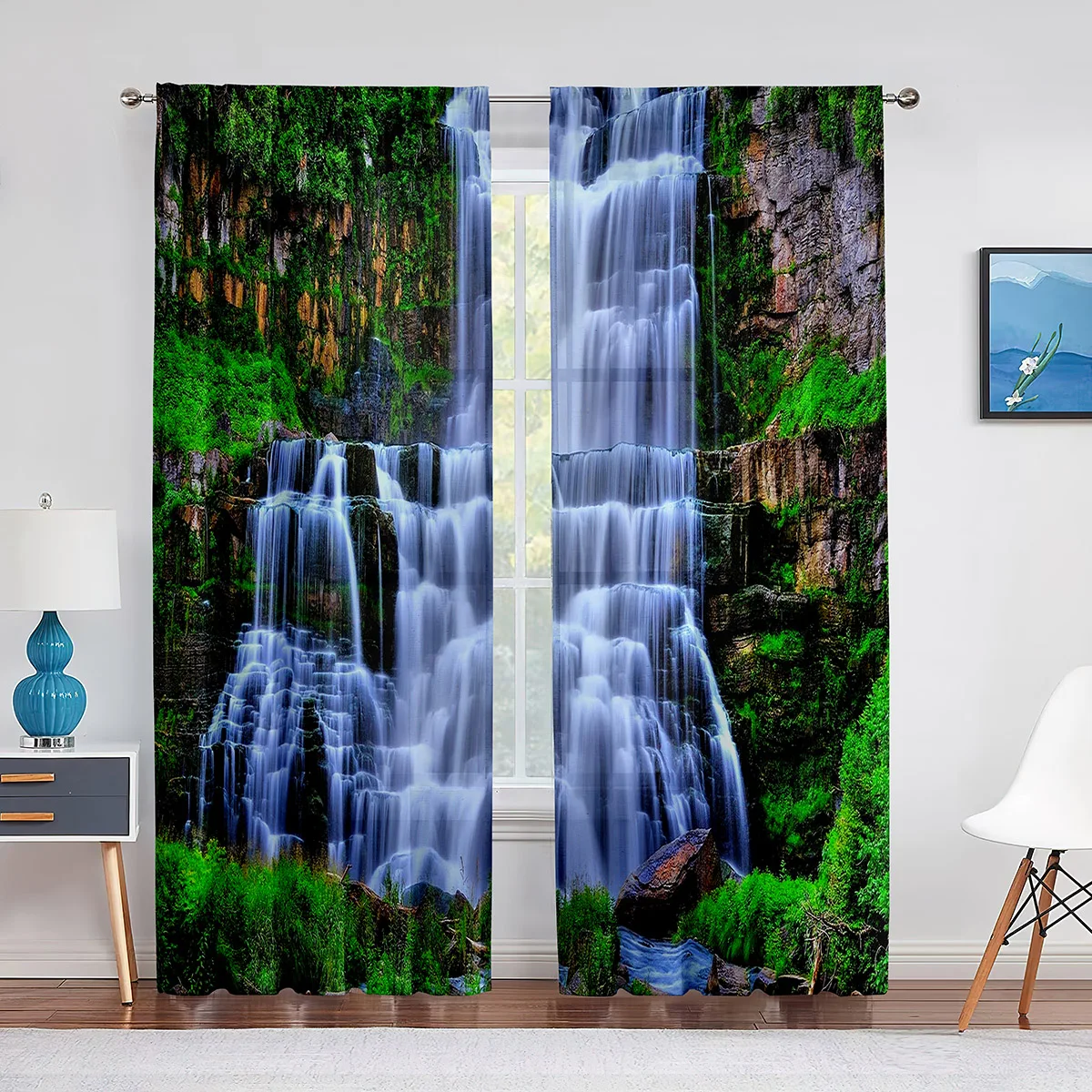 

2panels Waterfall with Nature Landscape Theme Forest River Thin Curtains for Living Room Bedroom Decor Curtain Window Drape