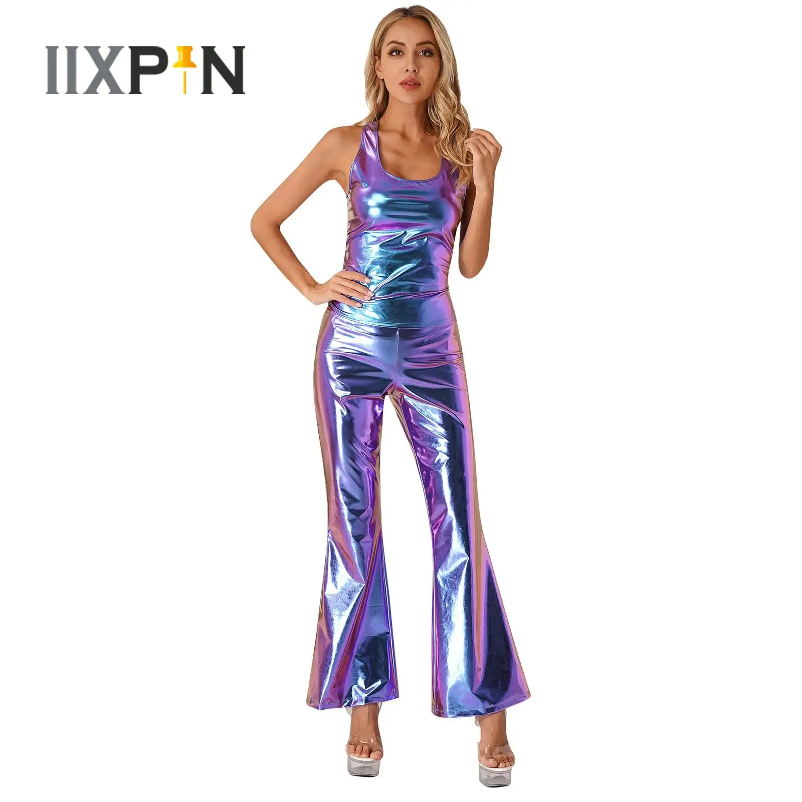 Ropa de discoteca brillante metálica para mujer, escote en U profundo, sin mangas, camiseta sin mangas con espalda de nadador y pantalones acampanados, fiesta Rave, discoteca, disfraces de baile de Jazz