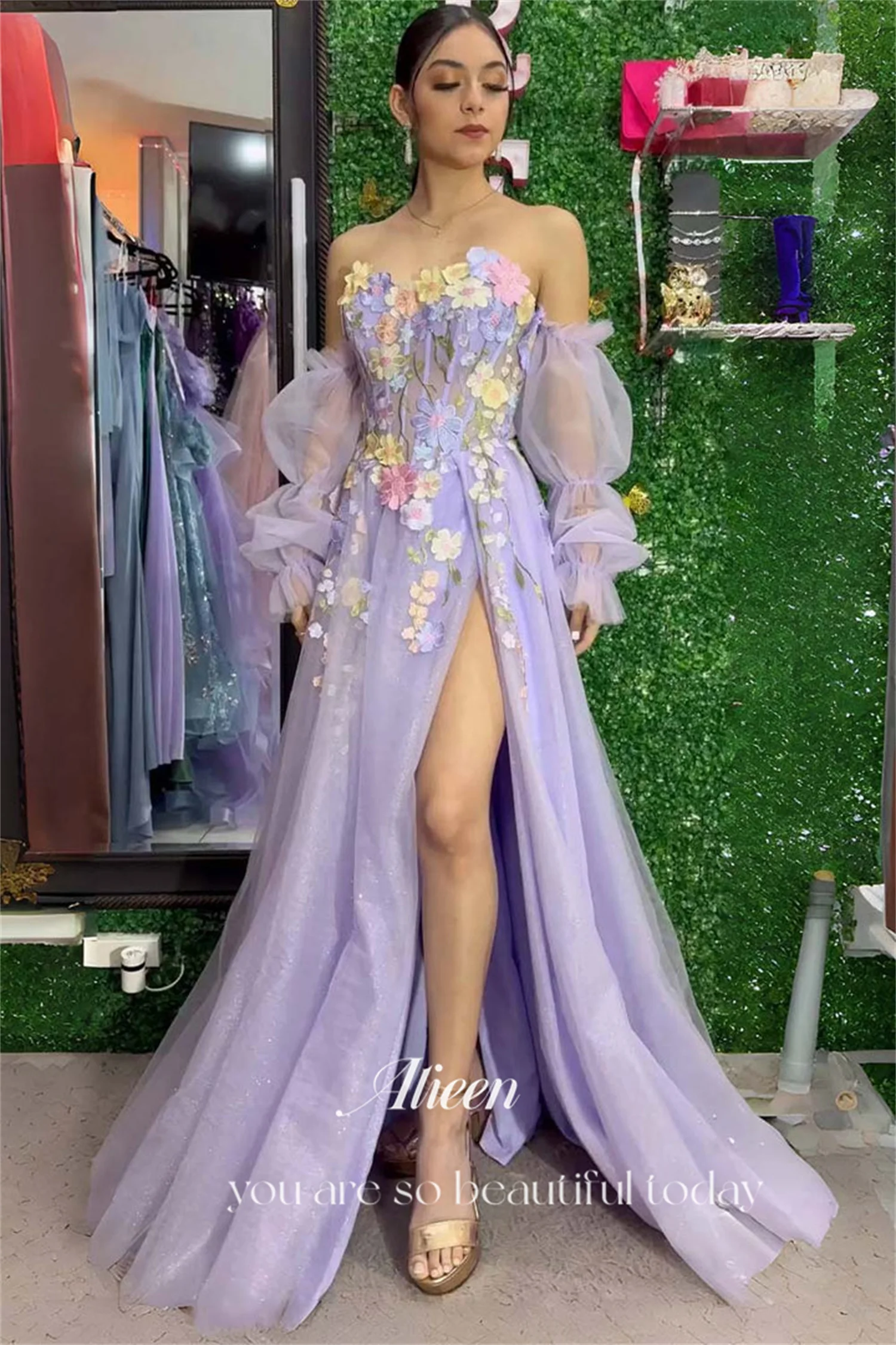 Aileen-Robe de Soirée Personnalisée à Manches Bouffantes pour Femme, Tenue de Bal Élégante et Luxueuse à Fleurs 3D, Violet