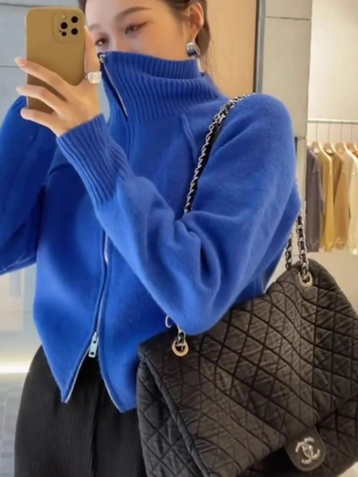 Klein синий вязаный открытый кардиган женский свободный крой осень-зима однотонный длинный све на молнии Jaet корейский Sle для поездок на работу