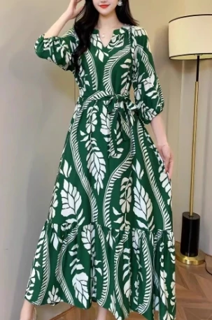 Elegant Lantern Sleeves Vintage V-neck Chic Print Slim Bandage A-line Long Dresses French Evening High Street Autumn Clothing