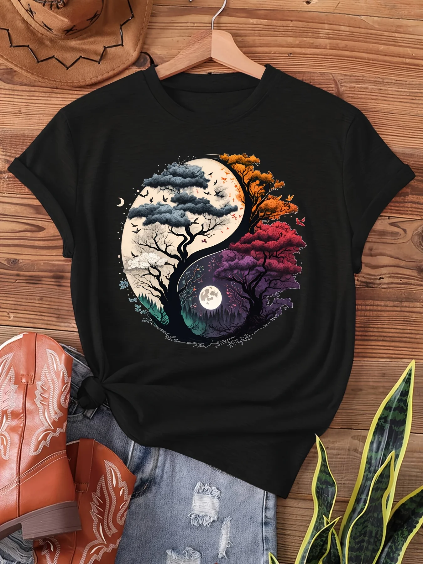 Yin Yang Tree Of Life Women's Tee - Nature Graphic, Casual Boho Spiritual Top