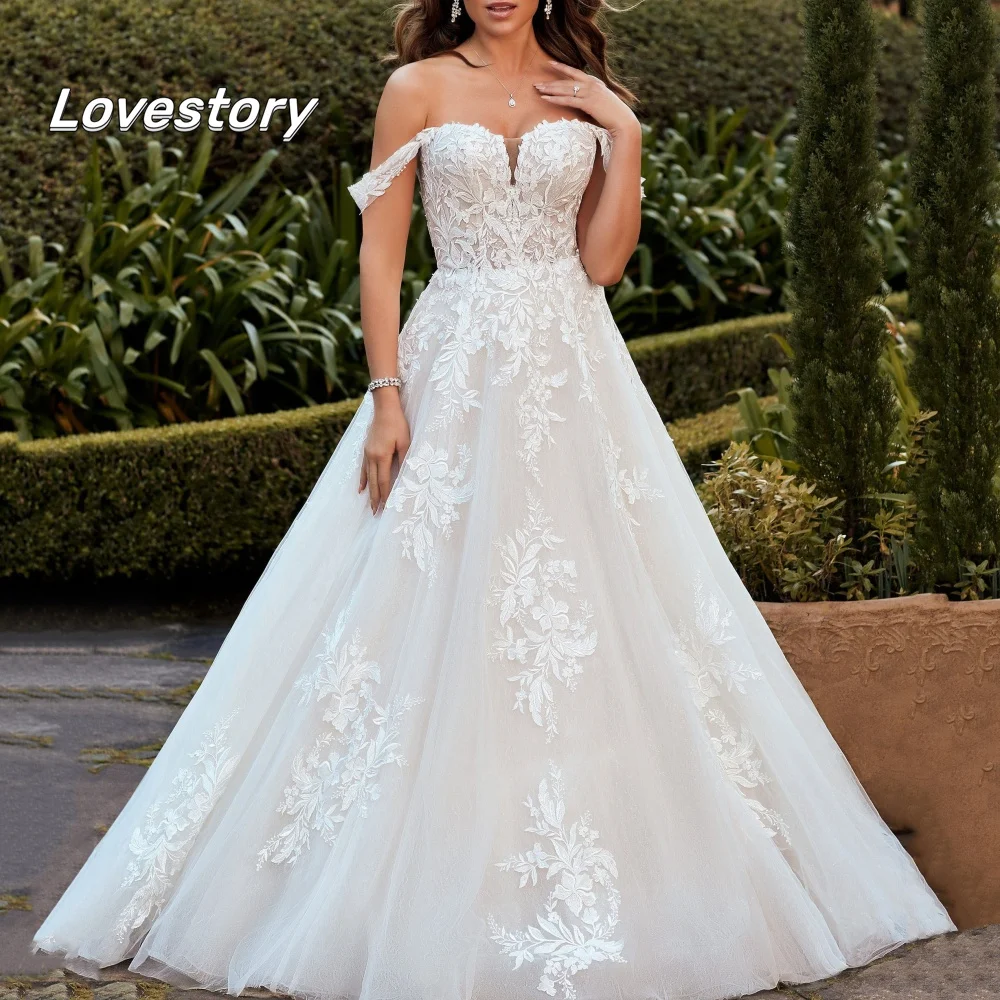 ที่กําหนดเองประณีต Sweetheart ชุดแต่งงานสายปิดไหล่ชุดเจ้าสาวปุ่ม Appliques Gowns Vestido De Novia