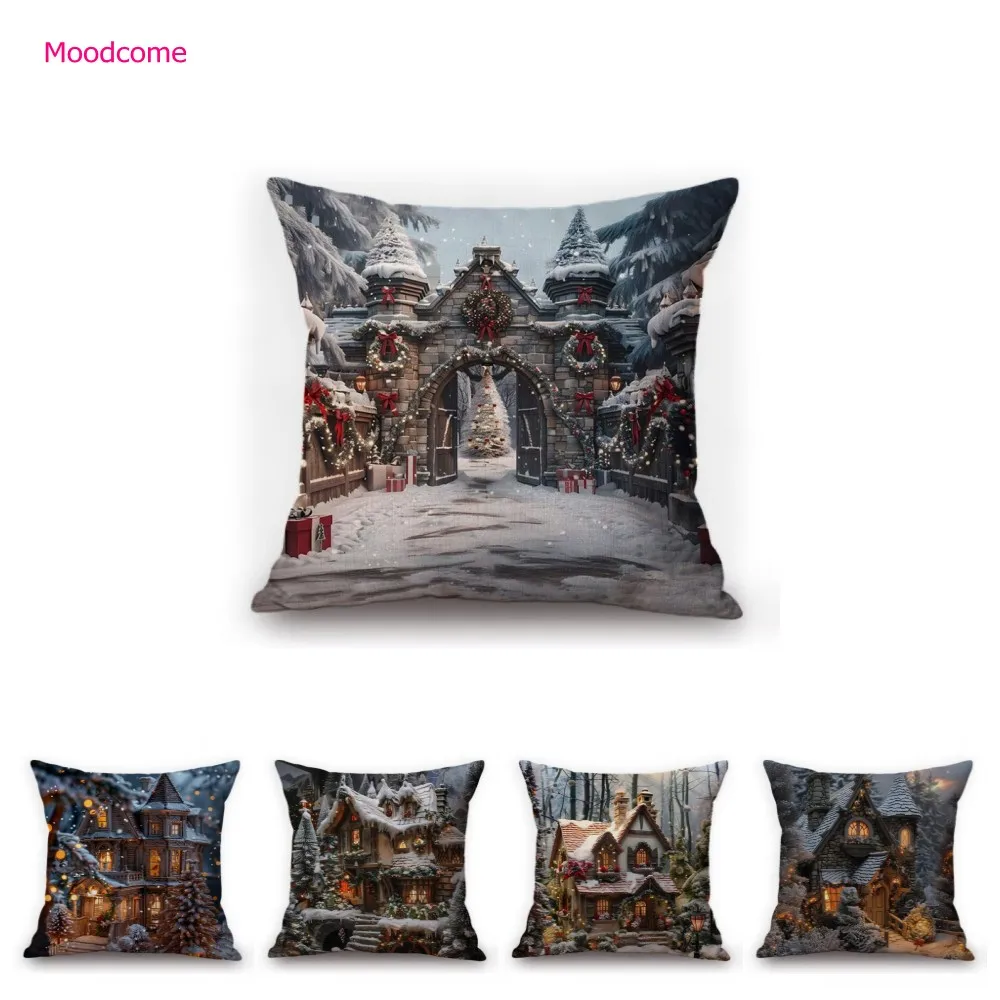 Cozy Snow Covered Christmas Cabin Xmas Art Sofa Decorative Cotton Linen Sofa Pillow Case Scenery Winter Decoration Cushion Cover