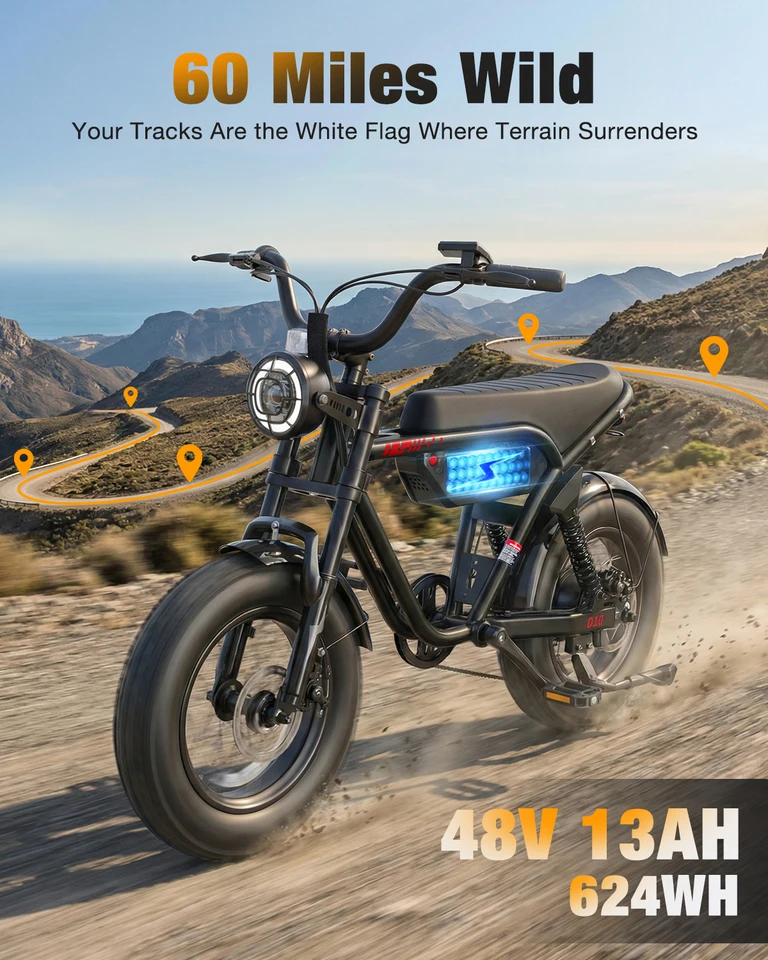 Hopepeak D10 Electric Bike, 16" Fat Tires Electric Mountain Bike, 1500W Peak Motor 48V 13Ah, 25 MPH 60Mi Range Off-Road Ebike with Full Suspension image 6