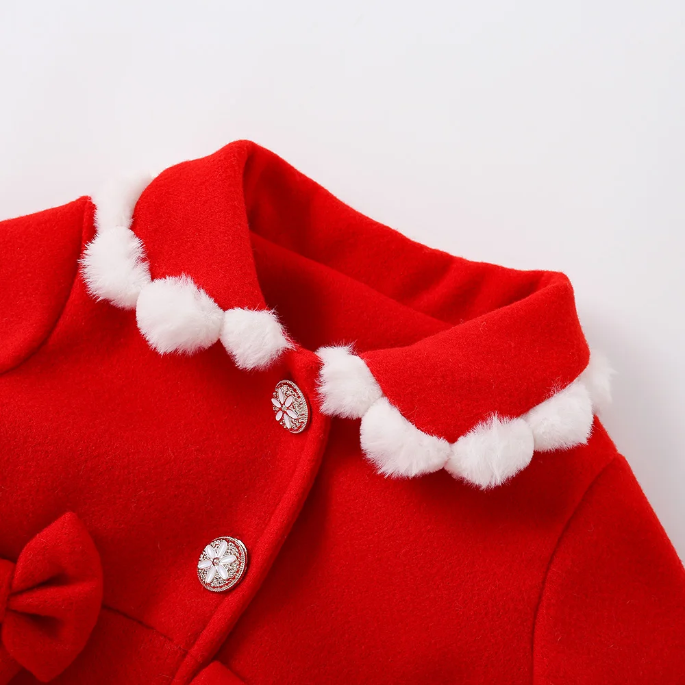 Autumn Winter Outfit For Baby Girl Plush Doll Collar Bow Red Woolen Coat Fashion Baby Coat