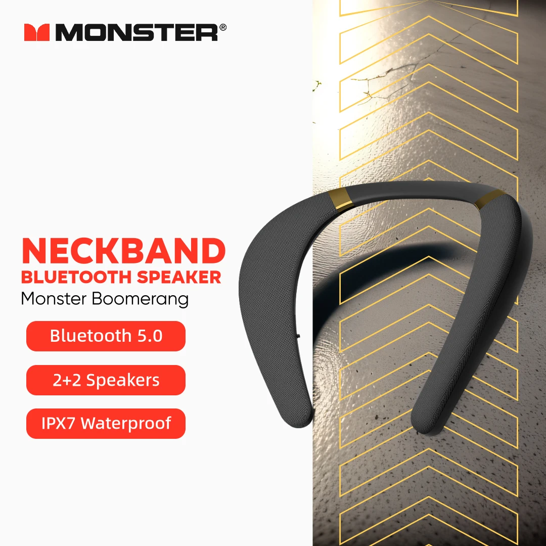 

Monster Boomerang Neckband Bluetooth Speaker 3D Surround Sound Neck Speaker IPX7 Waterproof Subwoofer Wireless Wearable Speakers