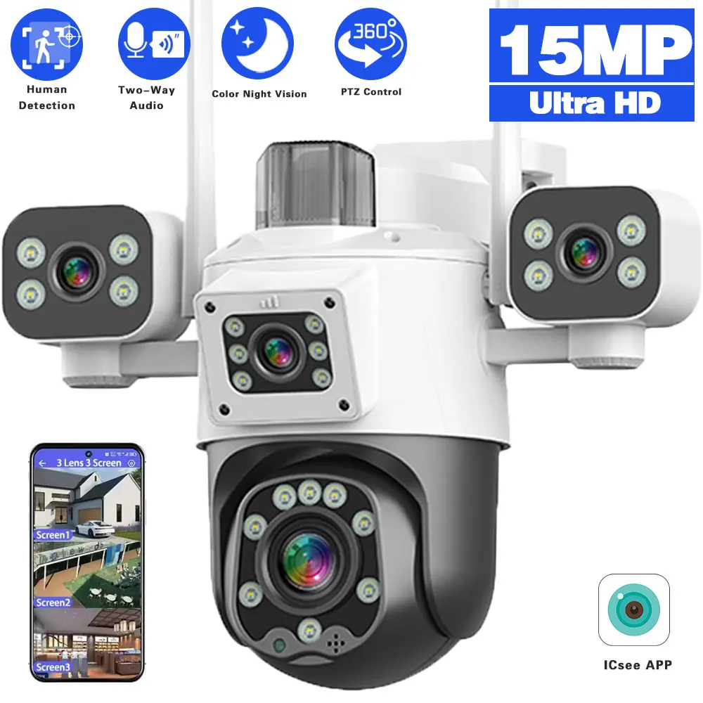 

Уличная камера видеонаблюдения с 3 объективами, 15 МП, 3 экрана, с 360° ° PTZ, WiFi 2K Ultra HD, интеллектуальное отслеживание движения, ночное видение, двустороннее аудио