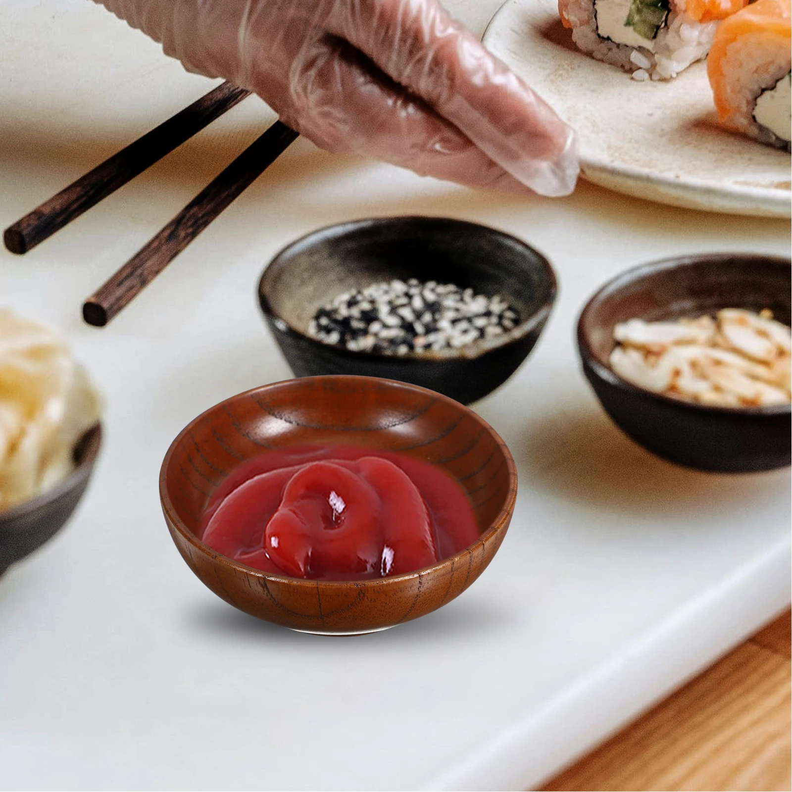 

1pc Wooden Sauce Dish Round Condiment Bowl For Sushi Soy Dipping Plates Mini Serving Dishes Snack Holder Kitchen Plate Fruit