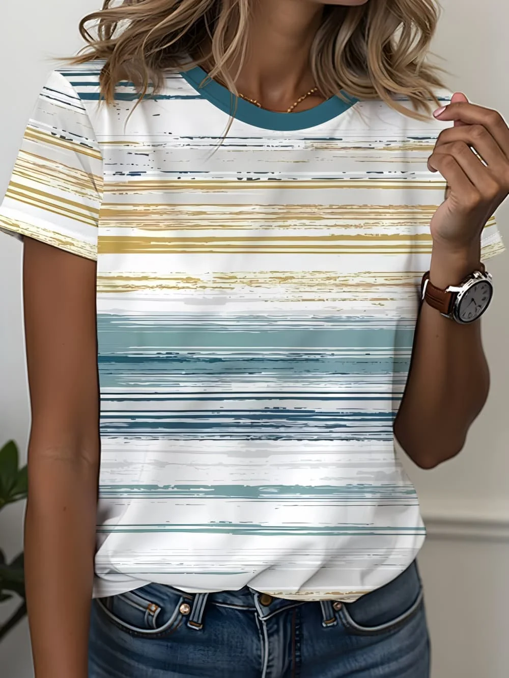 Women's Contrasting Striped Printed T-Shirt Round Neck Loose Short Sleeved Fashion Simple Commuting Top Y2k Tee Woman Clothing