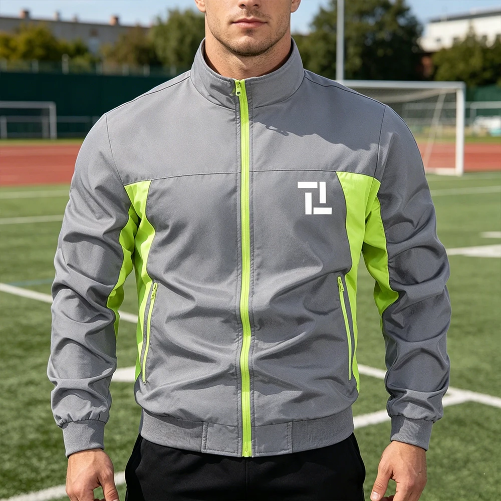 Men's Contrast Color Windbreaker Jacket Athletic Outerwear with Zipper Pockets Running Hiking Sportswear Geometric Square Print