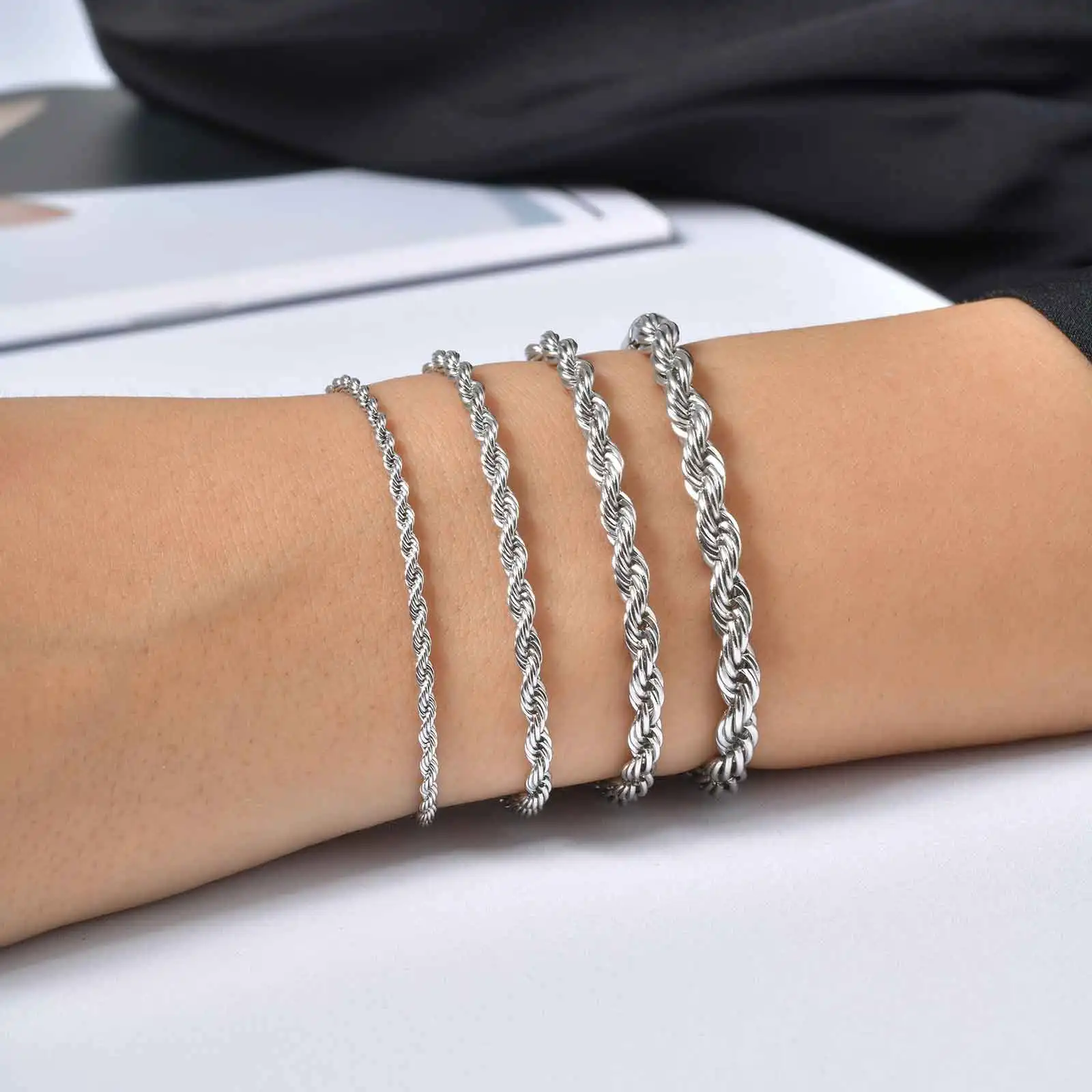 Cool Twisted Rope Bracelets for Women Men Stainless Steel Silver Color Chains Bracelet Fashion Jewelry Accessory