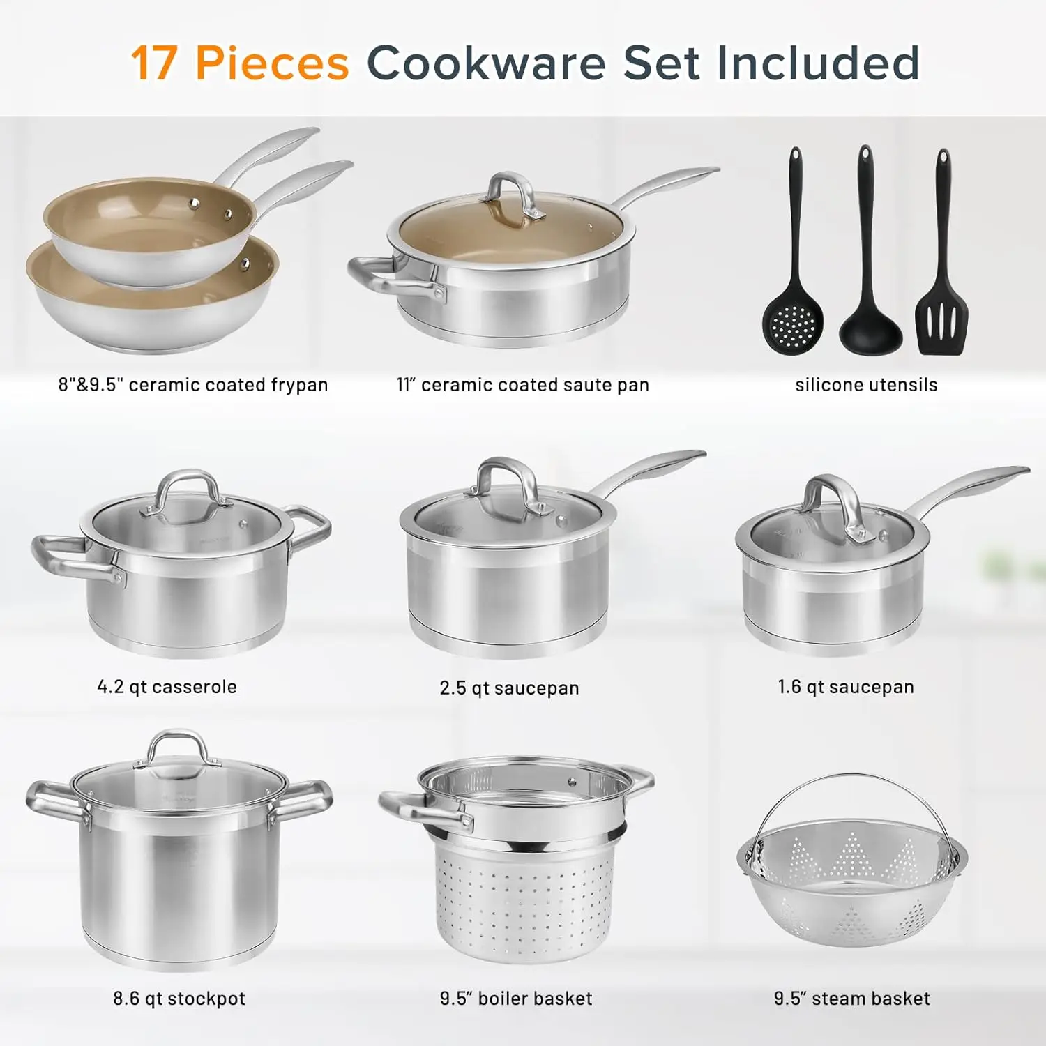 Professional Stainless Steel Induction Cookware Set, Stainless Steel Ceramic Nonstick Pan Set, Impact-bonded Technol