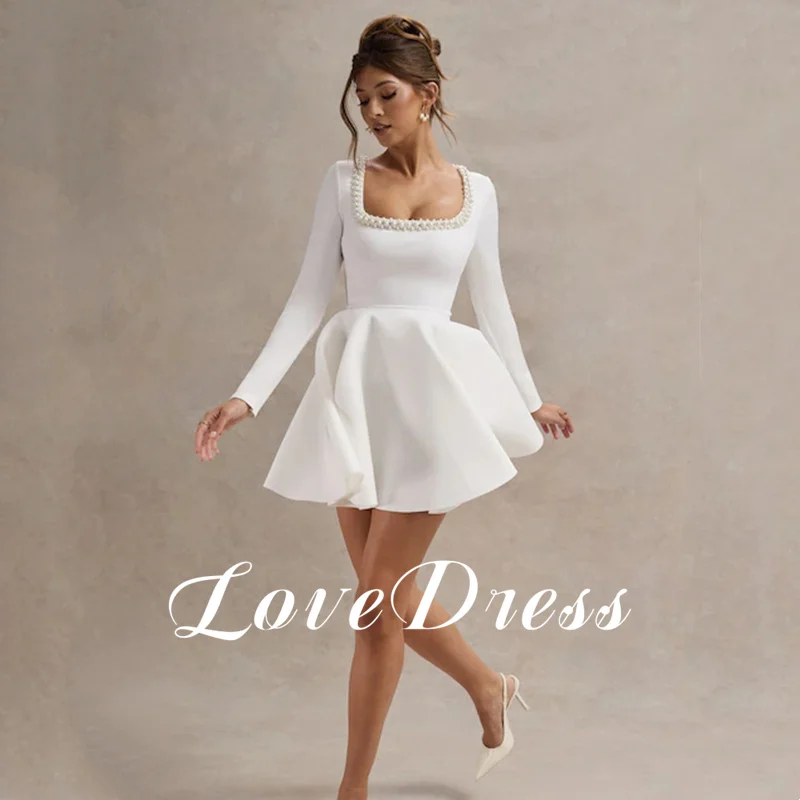 فستان زفاف بسيط مخصص على شكل حرف a وأكمام طويلة أنيق بياقة مربعة وطيات لؤلؤ وسحاب 2026 فستان زفاف قصير عاجي