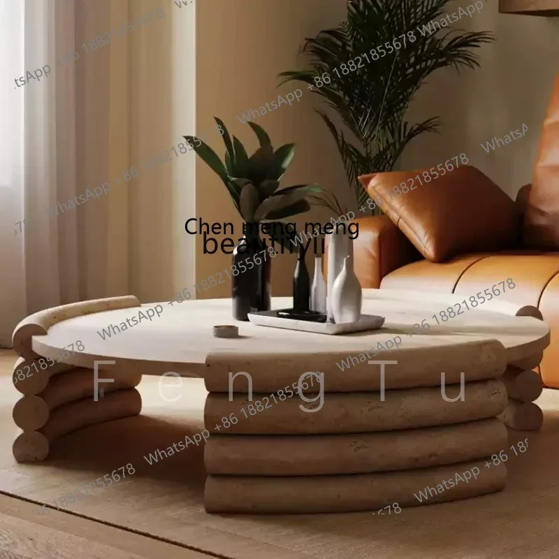 ss8350 Italian minimalist natural travertine coffee table wabi wind living room household round marble tea table